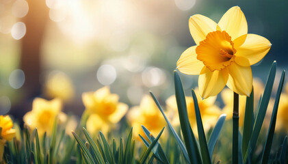 Bright yellow daffodil flower in full bloom under soft sunlight, surrounded by green leaves and a blurred floral background. A beautiful spring scene symbolizing renewal, hope, and nature’s beauty.