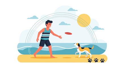 Joyful Beach Day Man Tossing Frisbee To Playful Dog Under Sunshine Illustration