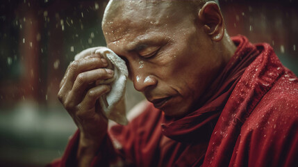 A senior Buddhist monk stands in the rain, gently wiping his face with a cloth, embodying spiritual resilience and inner peace