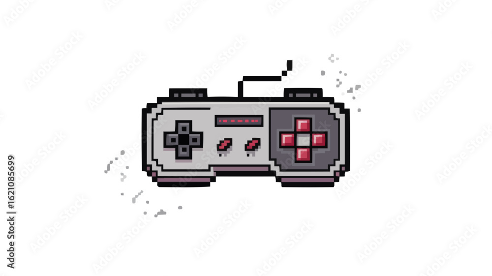 Poster pixelated video game controller with a directional pad and buttons on a white background art style o