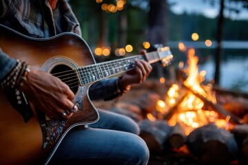 Obraz premium Campfire gathering with acoustic guitar music by the lake at twilight
