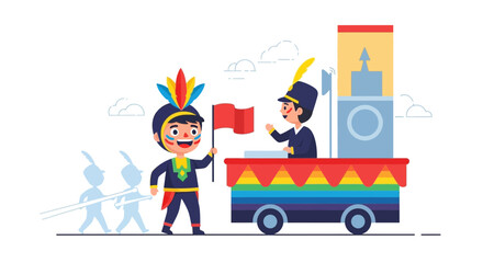 Naklejka premium Joyful Carnival Parade With Kids In Costumes And Colorful Float Illustration