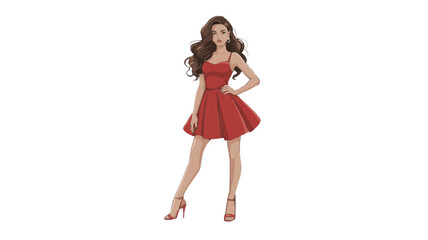 Woman with long brown hair posing in a short red dress and red high heels on a white background on transparent background