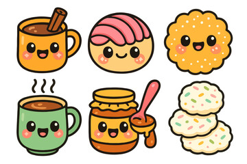 Cute pastel cartoon Mexican drinks and desserts like champurrado, cajeta, and cocadas. Ideal for kawaii culinary prints, party packaging, and stock art.

