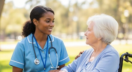 Nurse Assisting Senior Woman in Park, Lifestyle Photography, Natural Environment