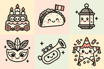 Cute pastel cartoon Mexican celebrations like Cinco de Mayo, Posadas, and Carnaval de Veracruz. Ideal for kawaii party prints and cultural illustrations.