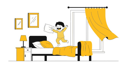 Joyful Childhood: A happy boy jumping on a bed with pillow in bright room