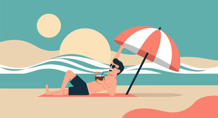 Man enjoying a tropical beach vacation with coconut drink under umbrella sunbathing calmly enjoying summer relaxing on sand