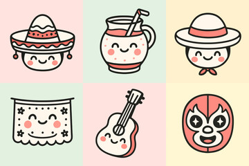 Cute pastel cartoon Mexican elements like agua fresca, charro hat, and mariachi guitar. Ideal for kawaii cultural prints, party themes, and stock illustrations.