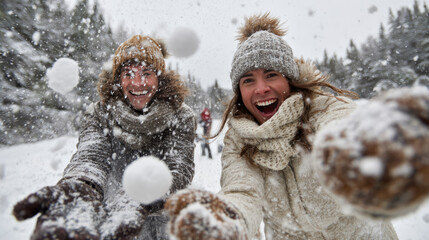Two joyful friends throw snowballs in a snowy forest, laughing and enjoying winter fun in cozy clothes. Dynamic and playful outdoor scene