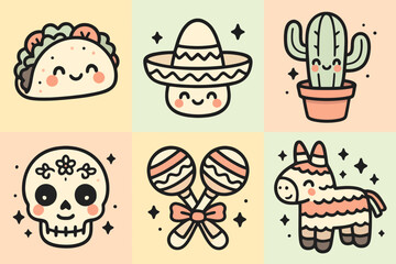 Kawaii Mexican culture icons featuring taco, sugar skull, cactus, and piñata with pastel backgrounds. Perfect for stickers, prints, and stock illustrations.