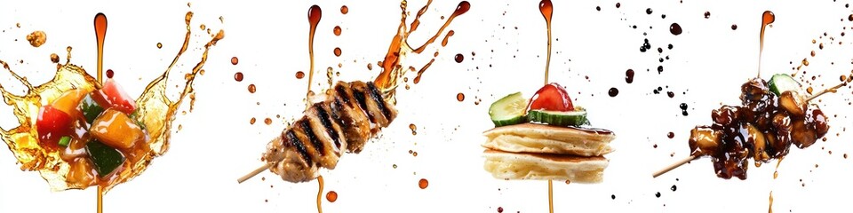  teriyaki sauce splashing onto grilled chicken skewers, sweet soy glaze cascading onto stir-fried vegetables, and clear fruit glaze splashing onto fluffy pancakes, isolated on white background