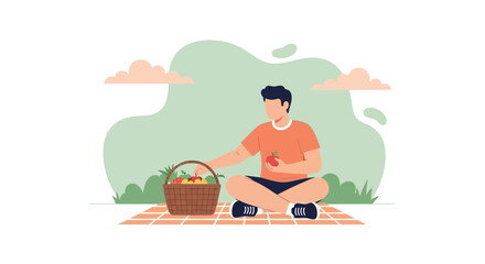Man Enjoying Outdoor Leisure Time And Healthy Eating With a Picnic Basket