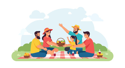 Joyful Family And Friends Relaxing With Picnic Outdoors In Summertime