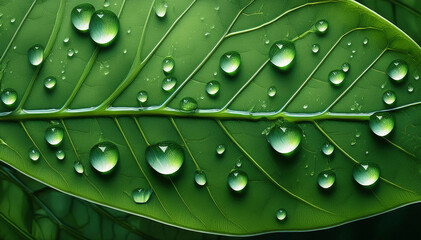 Close-up view of a vibrant green leaf covered with fresh water droplets. A detailed nature background ideal for eco themes, freshness concepts, or botanical textures in organic design.