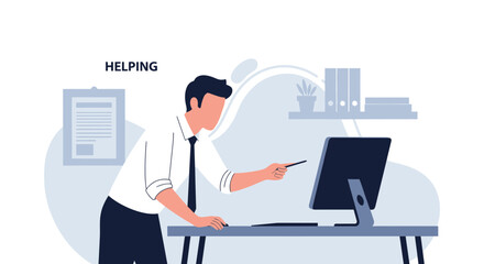 Man Explaining a Presentation on His Computer in an Office Environment