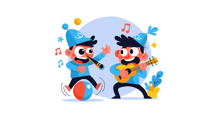 Naklejka premium Joyful Holiday: Cartoon Boys Playing Musical Instruments And Celebrating Together