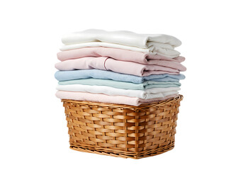 Neatly Folded Clothing in Woven Basket Isolated on Transparent Background