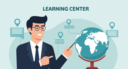 Man Explains World Geography In Classrooms Or Educational Learning Center