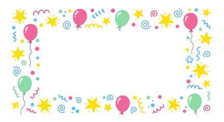 Festive party frame with colorful balloons, stars, and confetti. A fun celebration border for birthdays and events.