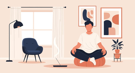 Mindful Meditation At Home, A Vector Illustration Of Inner Peace And Serenity