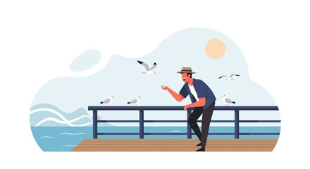 Man In Coastal Scene Feeding Seagulls In Sunny Weather By Ocean Shore