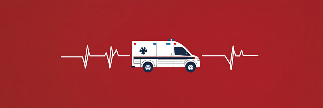 An ambulance with an EKG heart rhythm symbol indicating emergency medical services and urgent healthcare on a red background. Symbolizes life-saving care.