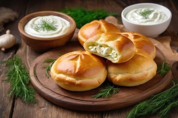 Golden baked potato pies arranged on rustic wooden board with fresh dill and sour cream. Traditional homemade comfort food perfect for menus, packaging, culinary blogs, advertising. Cafe, bakery, ads