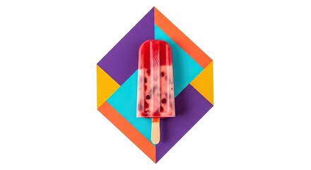 Red and cream popsicle with berries on vibrant geometric background, top view.