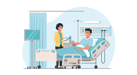 Kind Nurse Visiting Patient In Hospital Room With Modern Medical Equipment