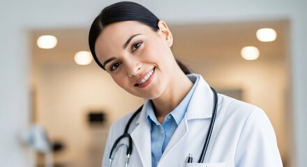 Confident Doctor's Portrait: A smiling female doctor, exuding confidence and compassion, stands ready to assist, wearing a pristine white coat and a stethoscope around her neck.