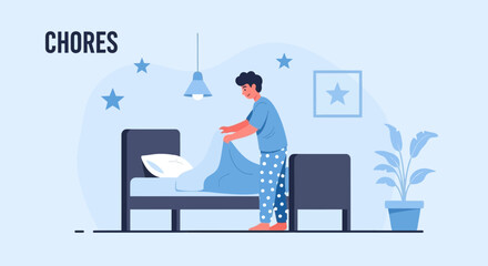 Man Making Bed In Bedroom With Blue Color For Morning Routine