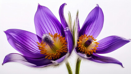 Close-up of two blooming purple pasque flowers with vibrant petals and fuzzy stems isolated on white background, showcasing delicate botanical details.
