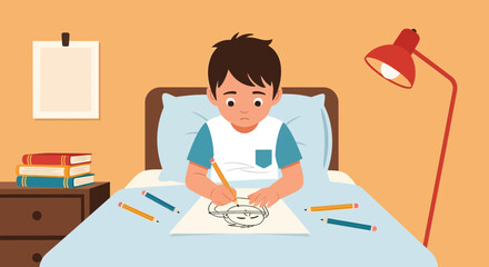 Little Artist Drawing in Bed Under Lamp Light Creating Artwork