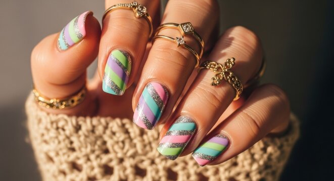 Close-up of hand with colorful striped nail art