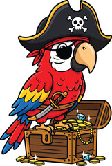 Colorful Pirate Parrot with Eye Patch Sitting on Treasure Chest – Fun Cartoon Illustration with Gold and Jewels