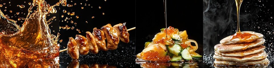 teriyaki sauce splashing onto grilled chicken skewers, sweet soy glaze cascading onto stir-fried vegetables, and clear fruit glaze splashing onto fluffy pancakes, isolated on black background