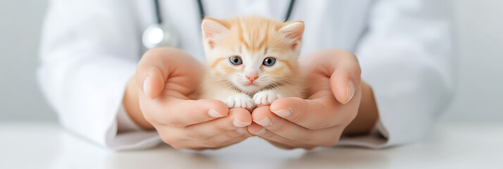 Tiny kitten held in hands. A gentle, caring moment showcasing animal welfare and veterinary care for adorable feline companions. Pure cuteness!