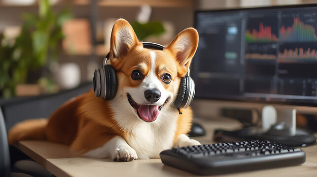 Corgi Dog with Headphones at Computer Desk