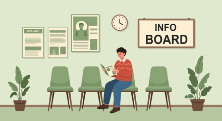 Man Reading Newspaper In The Waiting Room With Plants and Info Board
