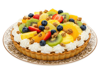 A delicious fruit tart with kiwi, strawberries, blueberries, and pineapple on a decorative plate on transparent background