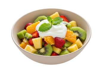 A bowl filled with a colorful fruit salad topped with yogurt and a mint leaf for a healthy snack on transparent background