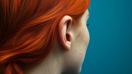 A Stunning Profile of a Model Showcasing Vibrant Red Hair Beautifully Against a Striking Blue Background