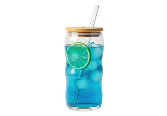 A refreshing blue drink with ice and lime in a glass with a straw and a wooden lid on a solid place on transparent background