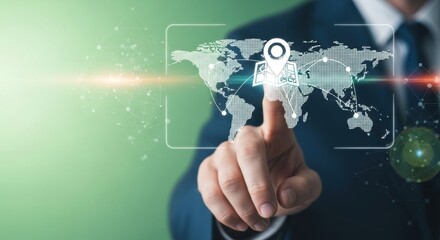 Confident businessman navigates global network on digital interface, planning international business strategy