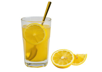 A refreshing glass of lemonade with a golden spoon and lemon slices on a plain presentation on transparent background