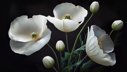 Elegant white poppy flowers with detailed petals and buds on a dark background, perfect for botanical art, floral prints, and natural design compositions.