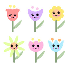 Kawaii flowers illustration for kids, funny groovy floral set. Vector Illustration for backgrounds and packaging. Image can be used for greeting cards, posters, stickers. Isolated on white background.