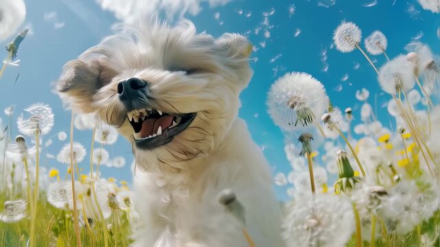 White fluffy shih tzu dog sitting in meadow with dandelions, mouth open in joyful expression. Soft grass, blue sky background with flying seeds. Low angle close-up shot capturing dog's energetic mood.