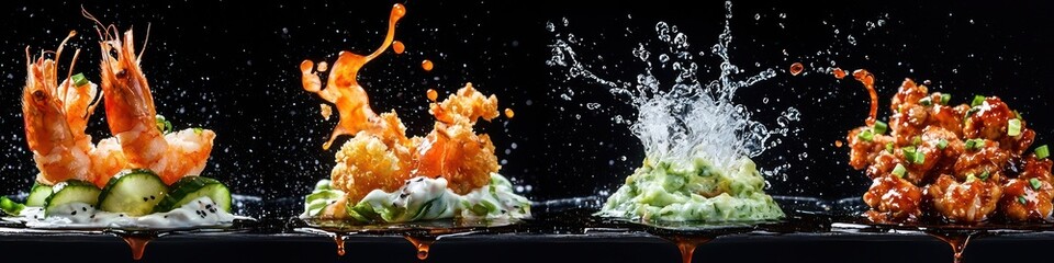  tzatziki sauce splashing onto a fresh cucumber salad, wasabi sauce splashing onto a plate of crispy fried shrimp, hoisin sauce splashing onto a plate of grilled chicken, isolated on black background